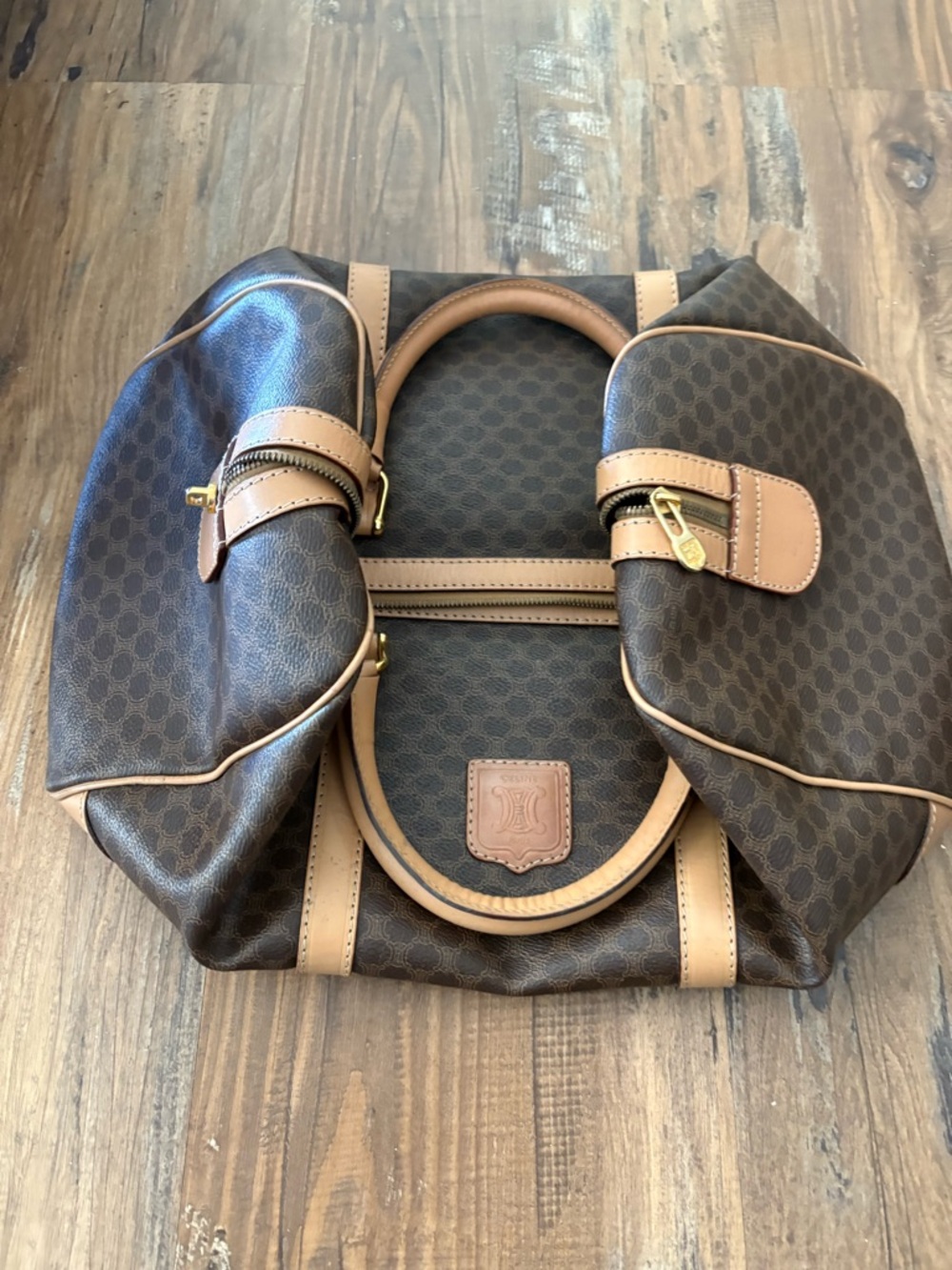 Celine Brown Monogram Travel Tote with Tan Trim
